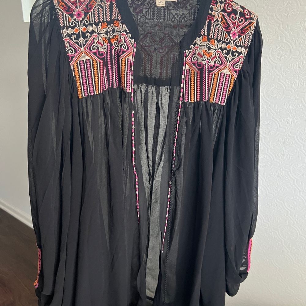 Black Sheer Kimono with Colorful Embroidery
